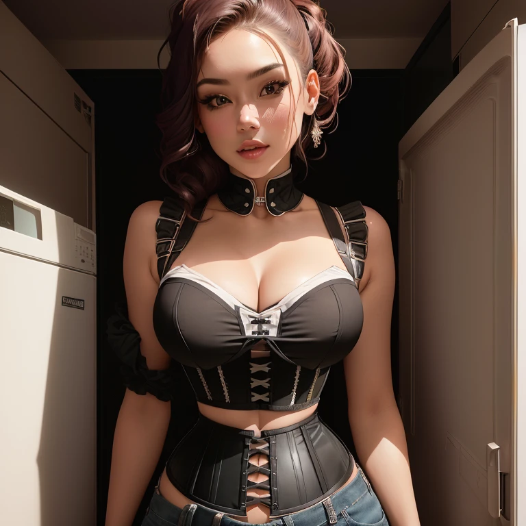 there is a woman standing in front of a refrigerator wearing a top, half body photo, wearing corset, croptop, bust shot, wearing crop top, leaked photo, chest coverd, wearing a designer top, chest up bust shot, corset, sie boob, waist - shot, half body portrait, top half of body, inspired by reyna rochin, bust