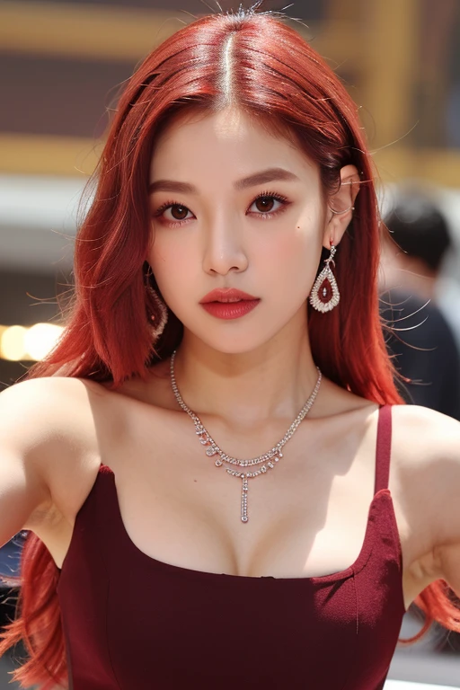 (very detailed body、very detailed face、Best quality:1.2)、FEMALES、I look at the audience、((Wine red gradient hair color、earrings、necklace、bracelet、Fashionable clothes, Одежда Fusion Show Fantastico)、selfie