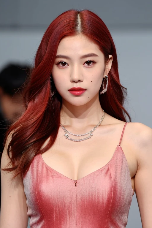 (very detailed body、very detailed face、Best quality:1.2)、FEMALES、I look at the audience、((Wine red gradient hair color、earrings、necklace、bracelet、Fashionable clothes, Одежда Fusion Show Fantastico)、selfie