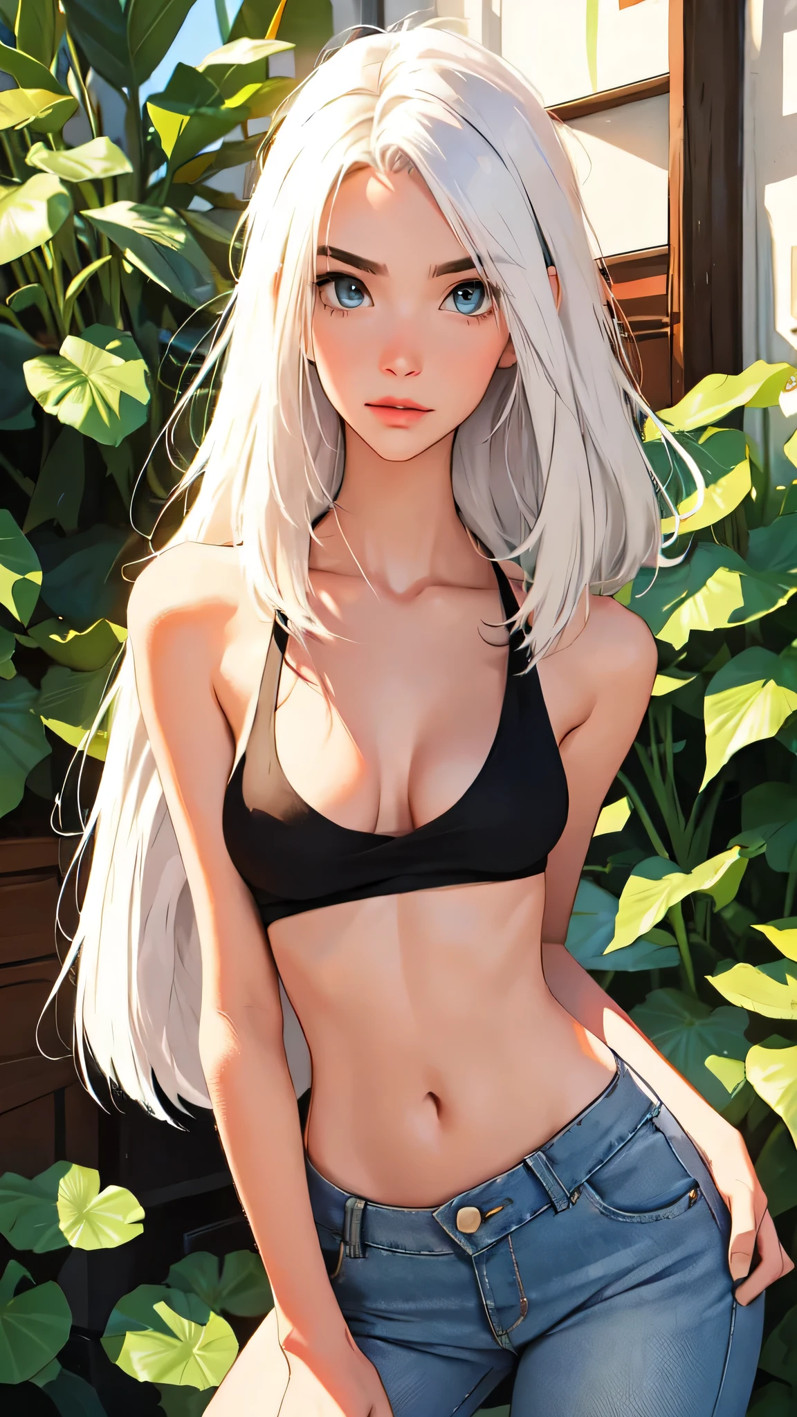 (lifelike, high - resolution:1.3), 1 girl with a perfect body,slender body, Super fine face and eyes,boho bob hair,white hair, Tank top of random colors:1.2, short jeans,Expose cleavage