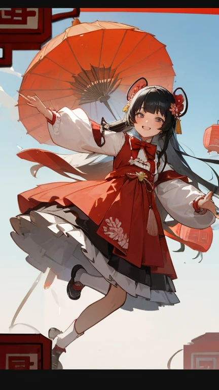 best quality, masterpiece, photoPractical, Practical, 1 Girl, Solitary, looking at the audience, Grin, whole body, Black long hair, Straight Hair, Bangs, blunt Bangs, jump, old clothes, Layered Dress, Long sleeve, Hairpin, frilly dress, Coat, bow tie, legwarmers, shoe, Chinese Lanterns, Spring Festival, 中国flower园, Tree, flower, CNY, Chinese Architecture, people,