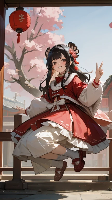 best quality, masterpiece, photoPractical, Practical, 1 Girl, Solitary, looking at the audience, Grin, whole body, Black long hair, Straight Hair, Bangs, blunt Bangs, jump, old clothes, Layered Dress, Long sleeve, Hairpin, frilly dress, Coat, bow tie, legwarmers, shoe, Chinese Lanterns, Spring Festival, 中国flower园, Tree, flower, CNY, Chinese Architecture, people,
