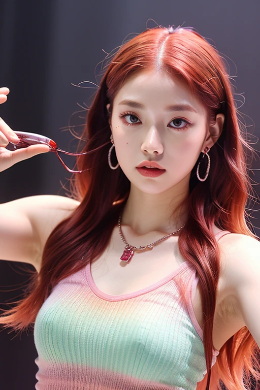 (very detailed body、very detailed face、Best quality:1.2)、FEMALES、I look at the audience、((Wine red gradient hair color、earrings、necklace、bracelet、Fashionable clothes, Одежда Fusion Show Fantastico)、selfie