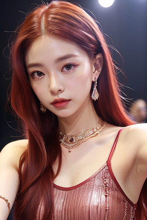 (very detailed body、very detailed face、Best quality:1.2)、FEMALES、I look at the audience、((Wine red gradient hair color、earrings、necklace、bracelet、Fashionable clothes, Одежда Fusion Show Fantastico)、selfie