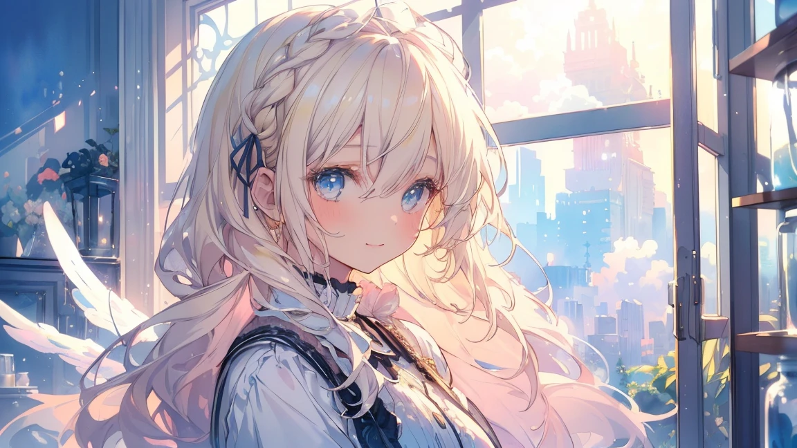((Very detailed),Sky Background,Beautiful Clouds,The light from the window behind is backlit..,element,Watercolor pattern in muted colors),(Watercolor Texture), ((1 girl),Long white hair,Blonde Hair,blue eyes,Adorable,Angelic),A light smile,Lolita whore,Best image quality