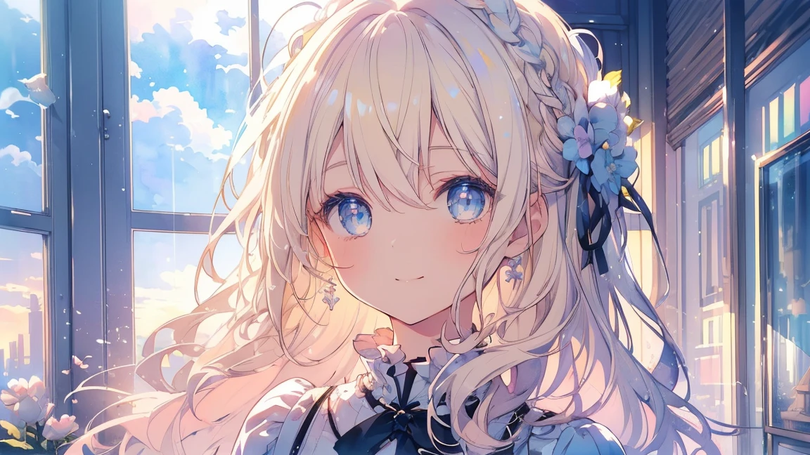 ((Very detailed),Sky Background,Beautiful Clouds,The light from the window behind is backlit..,element,Watercolor pattern in muted colors),(Watercolor Texture), ((1 girl),Long white hair,Blonde Hair,blue eyes,Adorable,Angelic),A light smile,ta whore,Best image quality