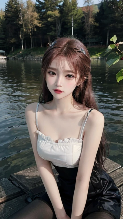 Real person photos,Chinese beauty with long straight reddish brown hair, masterpiece, best quality, extremely delicate and beautiful,high resolution, absurderes, Optimal proportions of four fingers and one thumb, in the lake with trees,sitting,  highly detailed beautiful face, Cute, shy,blush, dynamic angle, from above,looking at viewer, wearing Tulle Overlay Camisole dress and black pantyhose