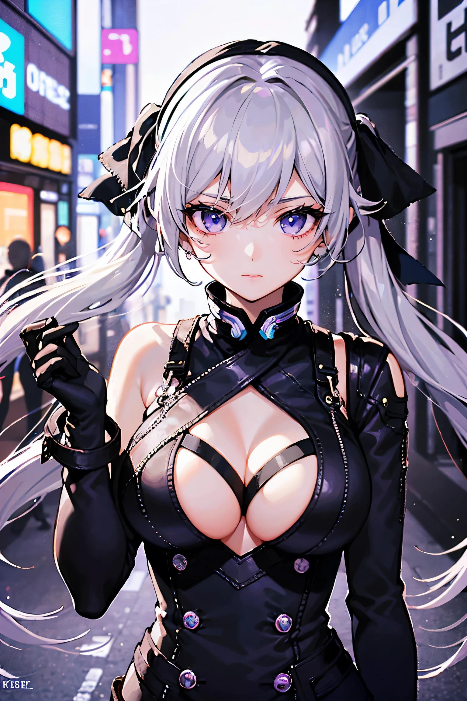 ((Girls and couples: 1.3)), Top quality, Super high resolution, Cute, (KPOP idol), (Long twin tails), (Light purple hair: 1), ((Big eyes)), Staring at you,
BREAK ((upper body: 1.3)), front view, a character with long flowing silver hair, a slender physique, and a black and white costume with thigh-high boots and gloves. Walking down a dark street with neon lights in the back alleys of Shibuya, Tokyo at night.