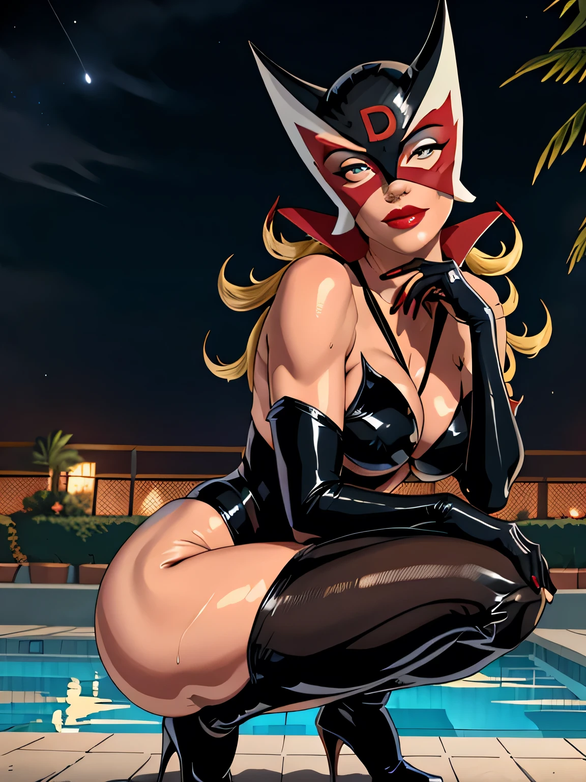 ((highest quality)), ((masterpiece)), (Familiar), (High resolution), Cinematic, (Complex:1.4), Best Shadow, Side lighting, 8k, ((Charlize Theron)), ((Doronjo)), Perfect Face, detailed, (Accurate hand and finger depiction), (Doronjo Mask), ((Black sheer micro bikini swimsuit)), ((The mask has a big red D inscribed on the front.)), (Blonde long hair, Wet Hair), Beautiful long red nails, Deep Red Lipstick, (smile), Sweat, (Voluptuous body), (Large Breasts:1.2), Tight waist, (Big Ass:1.2), attractive, glamorous, ((Squatting by the pool:1.1)), ((Luxurious night pool)), (cowboy shot), (crotch peek), ((Low angle view from the front:1.2))