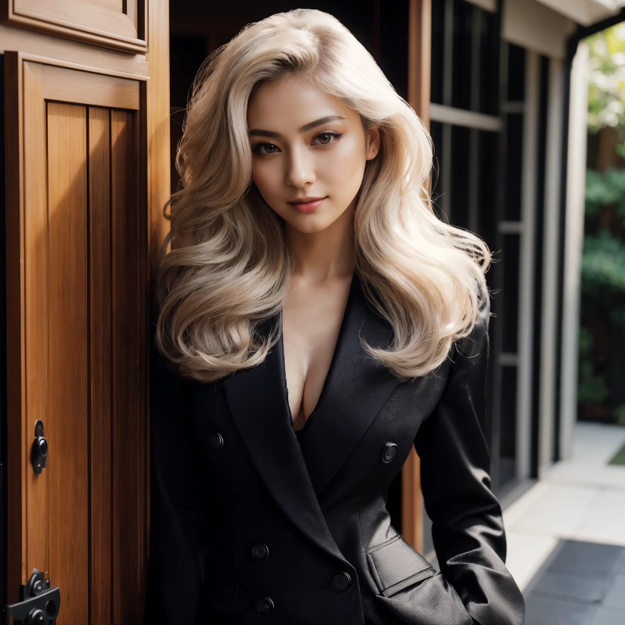 cinematic professional photography, masterpiece, full body, a beautiful Japanese woman model with natural makeup, white long wavy flowing hair, a slight mysterious smile, wearing a black intelligence suit with long trousers, posing attractively, at the backdoor of a luxury house, with dramatic lighting, bright colors, depth of field, resembling Sony 7000D, high definition