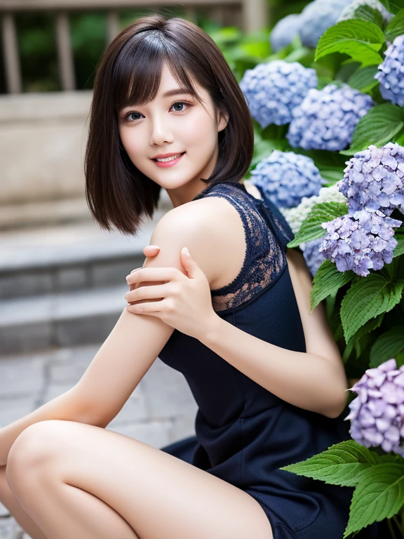 (squat)、(highest quality:1.5)、(Realistic:1.5)、(1 person:1.5)、(Very detailed)、(High resolution)、8k、(Wear a dark dress with lace)、(Small breasts)、Natural color lips、Cute Smile、20-year-old girl、(Beautiful and elaborate face)、(Perfect and beautiful face)、(Big eyes)、(Beautiful and elaborate face)、(Beautiful, balanced eyes)、Beautiful double eyelids、Perfect and beautiful face、Arched thin eyebrows、Slim face、(Slim figure)、Beautiful and thin nose、 Beautiful Skin、(Medium Bob Hair)、Natural Bangs、Fair skin、Front lighting、(Lighting the face)、Deep blue eyes、Slim waistline、(lim and beautiful legs、hydrangea、