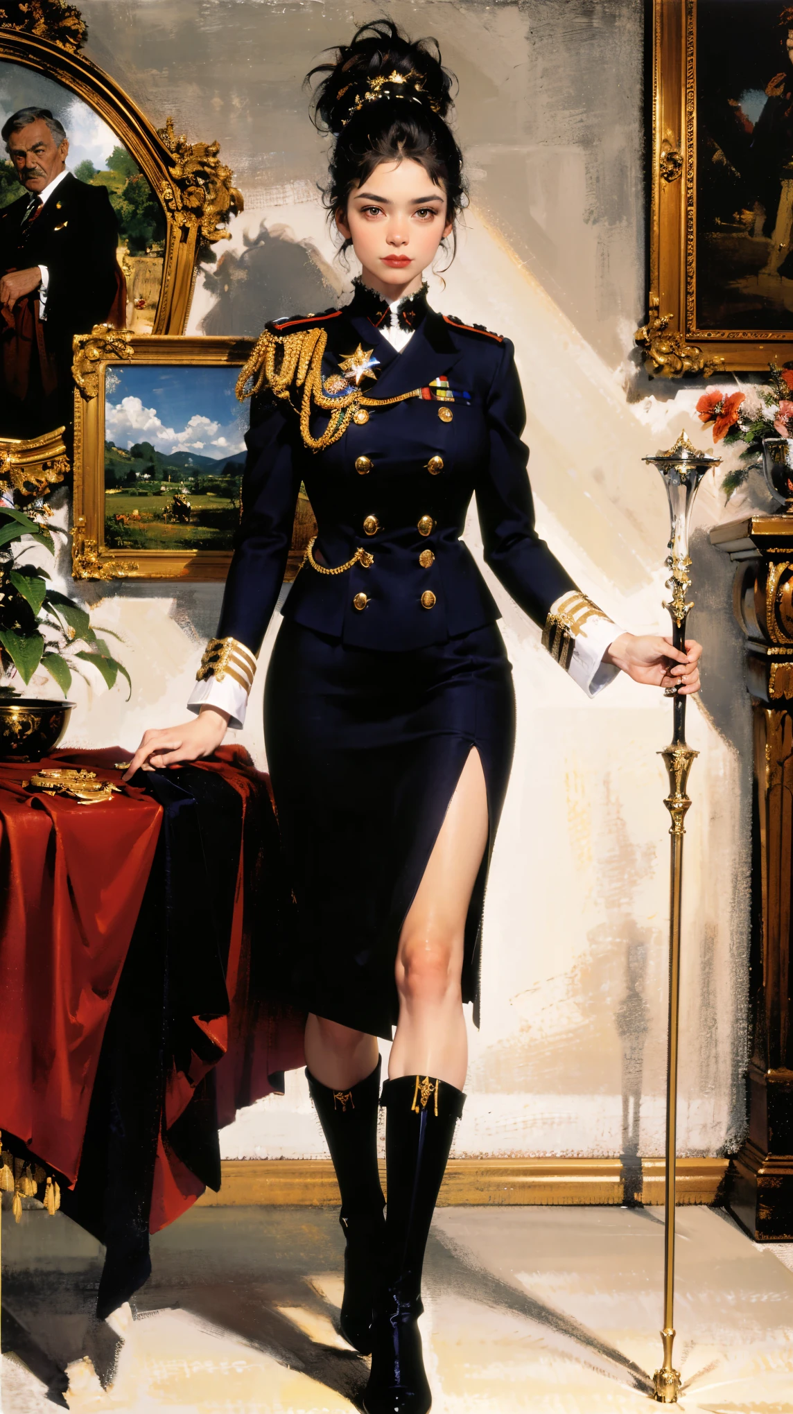 (Best quality, 4K, high resolution, masterpiece, ultra-detailed, realistic anatomy, photo-realistic:1.37), alluring mature woman, high-ranking military officer, (wearing Prussian Field Marshal uniform), (black double-breasted jacket adorned with medals), (matching pencil skirt), (matching shoulder cape), Prussian field marshal cap, black stocking, heel boots, chestnut hair, elegantly styled in a chignon bun, standing authoritatively while holding the Field Marshal's baton, This full-body portrait captures her formidable presence and power, with sharp focus on her uniform's intricate details, her numerous medals, and her intense gaze, The image evokes an aura of experience, discipline, and supreme authority, set against an impressive military headquarters backdrop,
