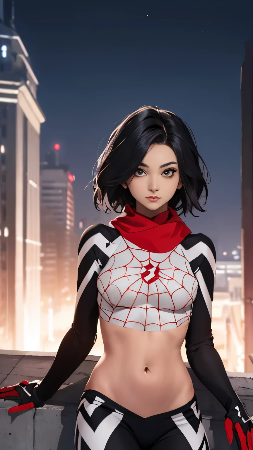 (Highly quality, masterpiece, detailed), Night city detailed scenario, night city detailed background, 20 years old girl, black hair, 1girl, CindyMoon, cindymoon, close-up, upper body, short hair, Black top, white top, black botton, white bottom, long bottom, spider web print, Crop top, Red scarf, Long Sleeves, Gloves, red finger gloves, Abdomen, Expressionless, sitting on top of a building, Navel, beautiful eyes, perfect eyes, looking at the viewer, Sexy pose