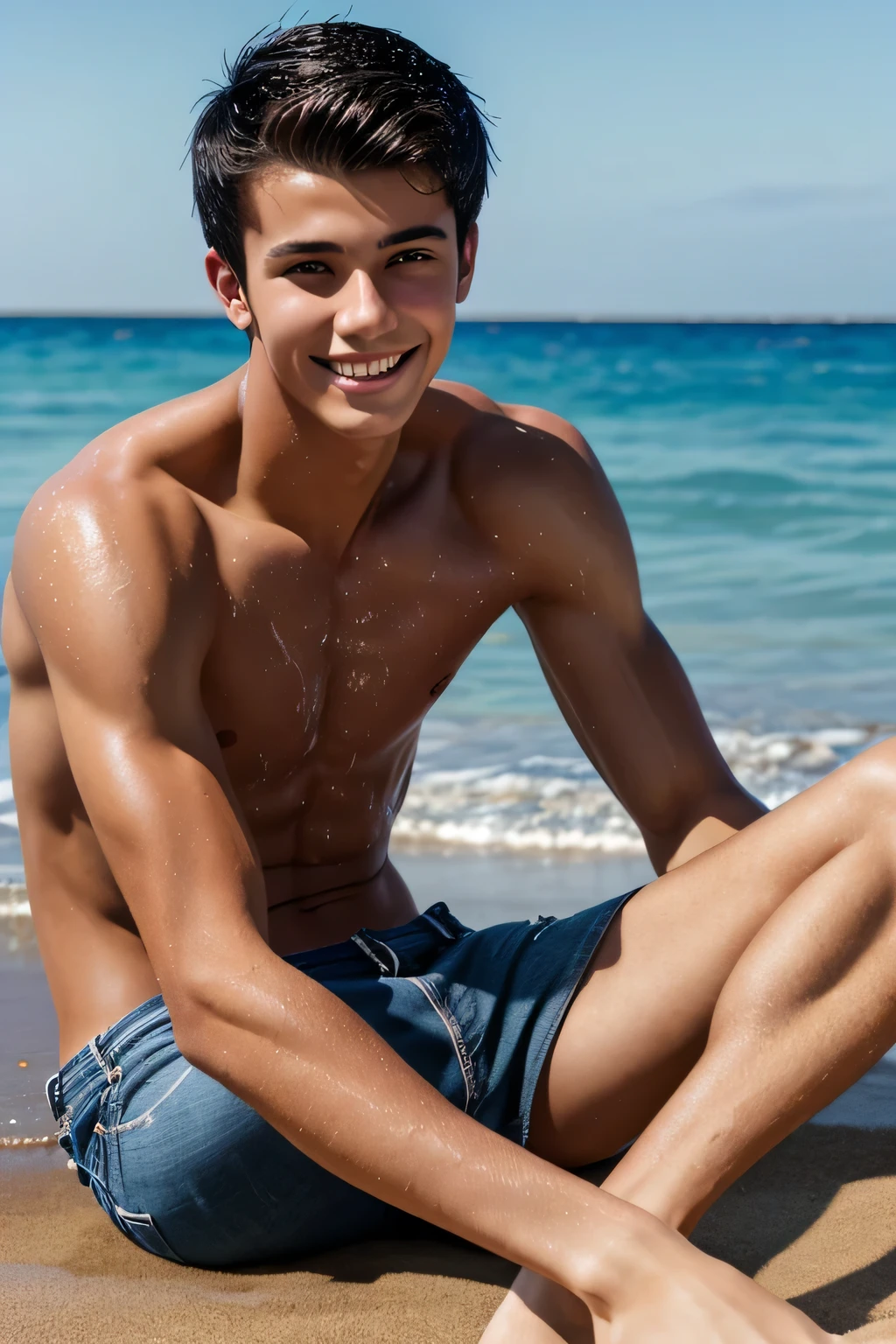 a lean skinny shirtless 18-year old caucasian boy wearing jeans, crewcut black hair, cute face, brown eyes, tanned skin, smiling, drenched by seawater, resting on the beach, half-body