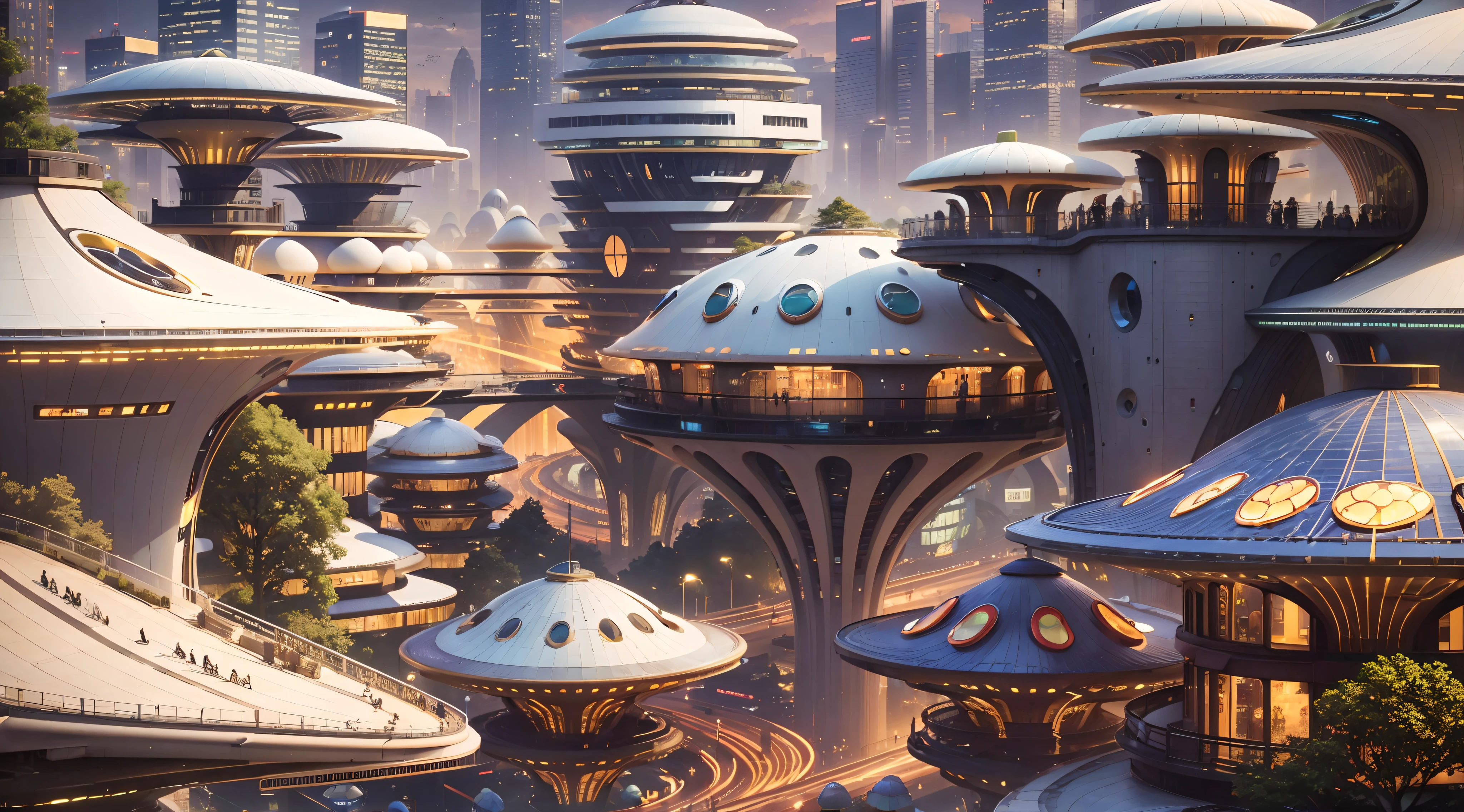 High quality,(Photorealistic,Realistic:1.37),Vibrant colors,Cityscape,(All buildings are mushroom-shaped),Mushroom-shaped building,Towering buildings,Unique skyline,Thoughtful design,Impressive scale,Innovative architecture,organic shapes,curves,Glass facades,shiny reflective surfaces,Geometry is in harmony with nature,A fusion of art and function,Stunning aerial view,Illuminated at night,Brilliant light display,futuristic vibe, Lively atmosphere, Bustling streets,Pedestrians and vehicles in motion,Elevated walkway,captivating skylines,futurism,Innovative urban planning,Environmentally sustainable construction,Future Vision,Juxtaposition of nature and civilization,Celebrate creativity and human ingenuity