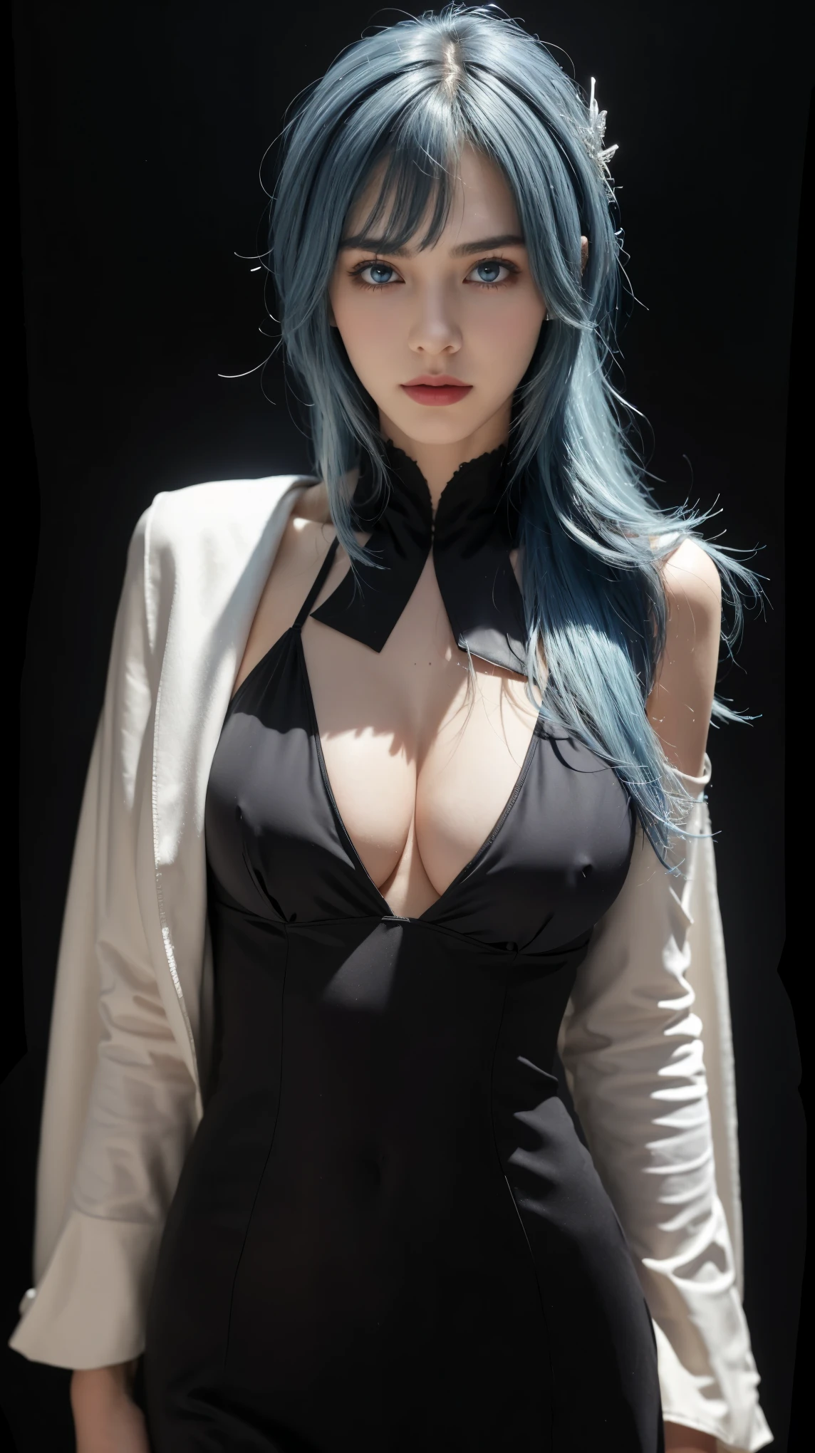 8K, Top Quality, Intricate Details, Ultra Detail, Ultra High Resolution, Masterpiece, close up shot, (full body: 1.1), Slender, Smile, (Makeup: 0.4), (Fluffy Blue Eyes: 1.21), (()), 1girl, solo, 1 girl, ((blue hair, bangs)), close up shot, , ((tall)), (((fit body))), (((slim face))), sharp face, (()) ,(detailed face), sharp face, small lips, , , ,
((,long dress )), , ((,)),detailed face, detailed breast, , ((large breast, huge breast )), , Narrow Waist, Skinny, slim, tall , 175 cm tall, Muscular, Navel, Exposed Abdomen, Pointed Chest,, Beautiful girl with accentuated slender abs: 1.4, Six Pack Abs: 1.4, Bust Botox, Big, Perfect Body, detail leg, (( dark background)), black background,