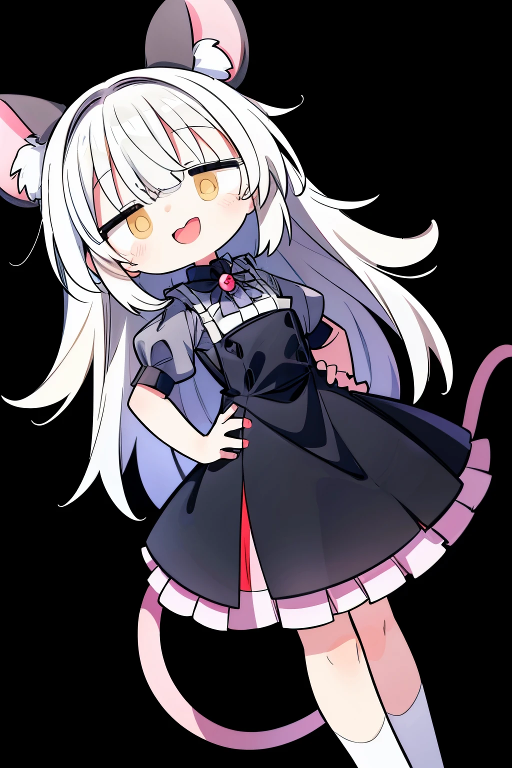 8k,wallpaper of extremely detailed CG unit, masterpiece,hight resolution,top-quality,top-quality real texture skin,hyper realisitic,increase the resolution,RAW photos,best qualtiy,highly detailed,the wallpaper,solo,1girlchibi,cute, kawaii,small kid,gray hair,messy hair,eye color red,big eyes,big mouse ear,smiling,open mouth,dynamic angle,tight black dress,mouse tail on hip,shape of cheese at background,please draw hand very correctly when drawing hands