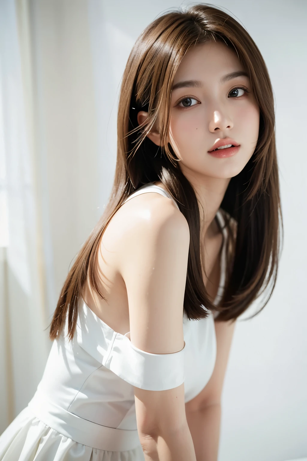 highest quality, 1 beautiful woman, 28 years old, 35mm lens, light brown hair color, white background, straight hair, white clothes、soft light, Natural light, sunlight shining in from the side, charming eyes, stand in front of white wallpaper, Photo taken with a professional camera, Shoot at an angle of view with margins, Highest image quality, transparent skin, Detailed facial depiction