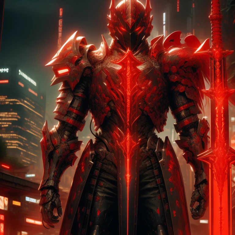 (masterpiece, best quality:1.2), a subject, A warrior in armour techno fantasy style, holy sword,(technological aggressive design), cyberpunk, 4K, UHD, (Photorealistic:1.4),Ultra high resolution, masterpiece, ultra realistic, ultra nitide, insane details, red color, dragon themed