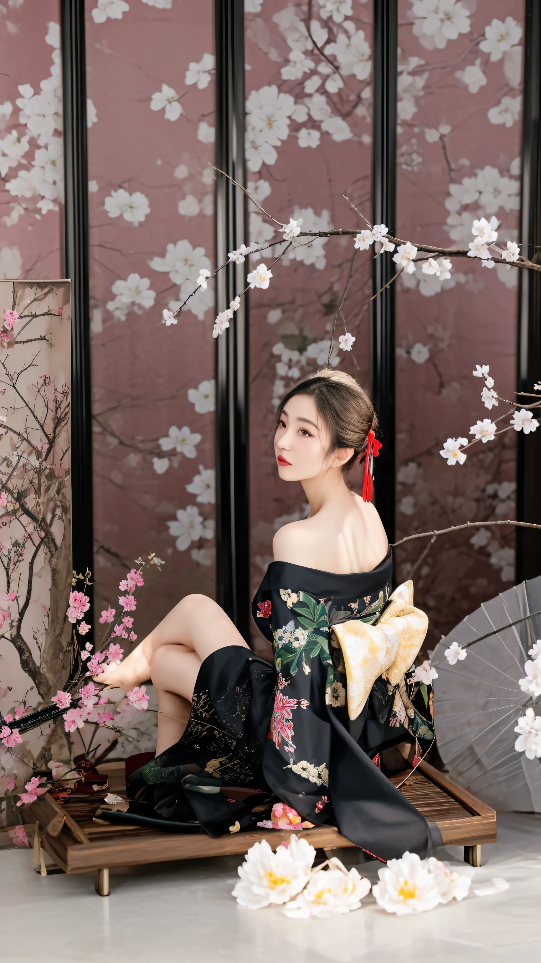 woman in kimono sitting on a table with a tea pot and a tea pot, elegant japanese woman, hanfu, palace ， a girl in hanfu, with acient chinese clothes, japanese kimono, in kimono, kimono, classy yukata clothing, cheongsam, wearing ornate silk clothes, wearing ancient chinese clothes, chinese style, traditional chinese clothing, wearing kimono