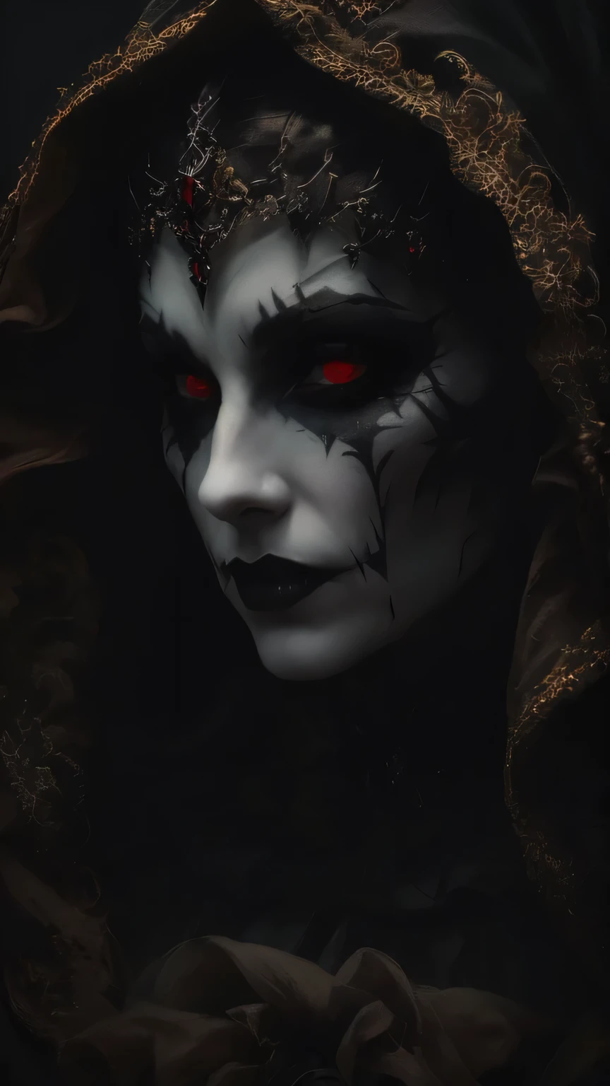 a close up of a woman with a hood on and a face painted like a vampire, dark fantasy portrait, portrait of a dark witch, scary queen of death, creepy sigma 75mm, creepy gothic portrait, portrait of a female necromancer, portrait of a lady vampire, intense demonic look in the eyes, vampire portrait, beautiful vampire female queen