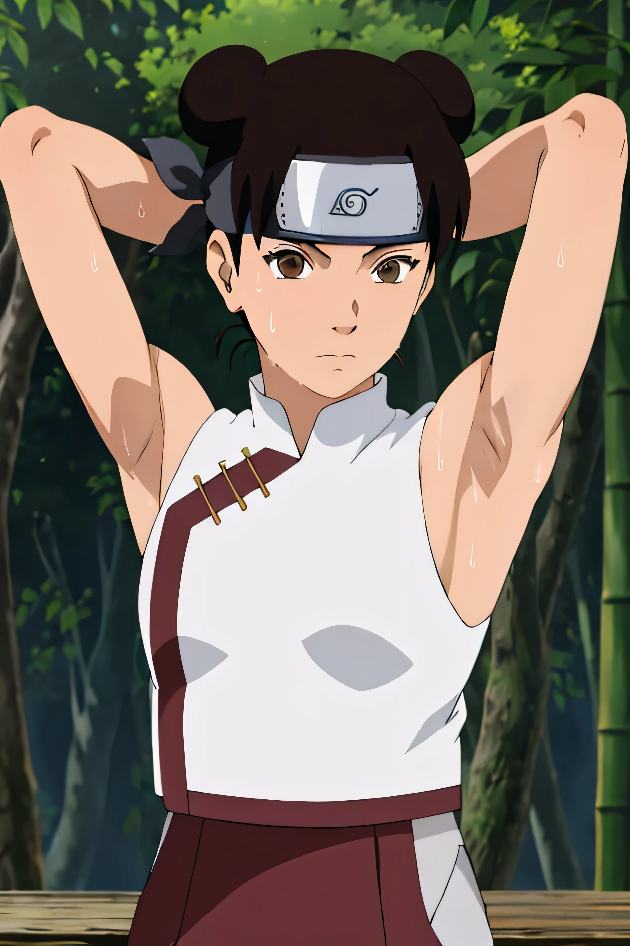 masterpiece, armpit focus,tenten\(shippuden\), 1girl, solo, yoga pants ,white crop top, medium breasts, ,forehead protector, konohagakure symbol, headband, looking at viewer, outdoors, bamboo forest, sleeveless, shaved armpits,sleeveless,arms behind head,armpit,armpits,sweaty,sweat,arms behind head,exhausted,sleeveless,cross eyed,sweaty armpits