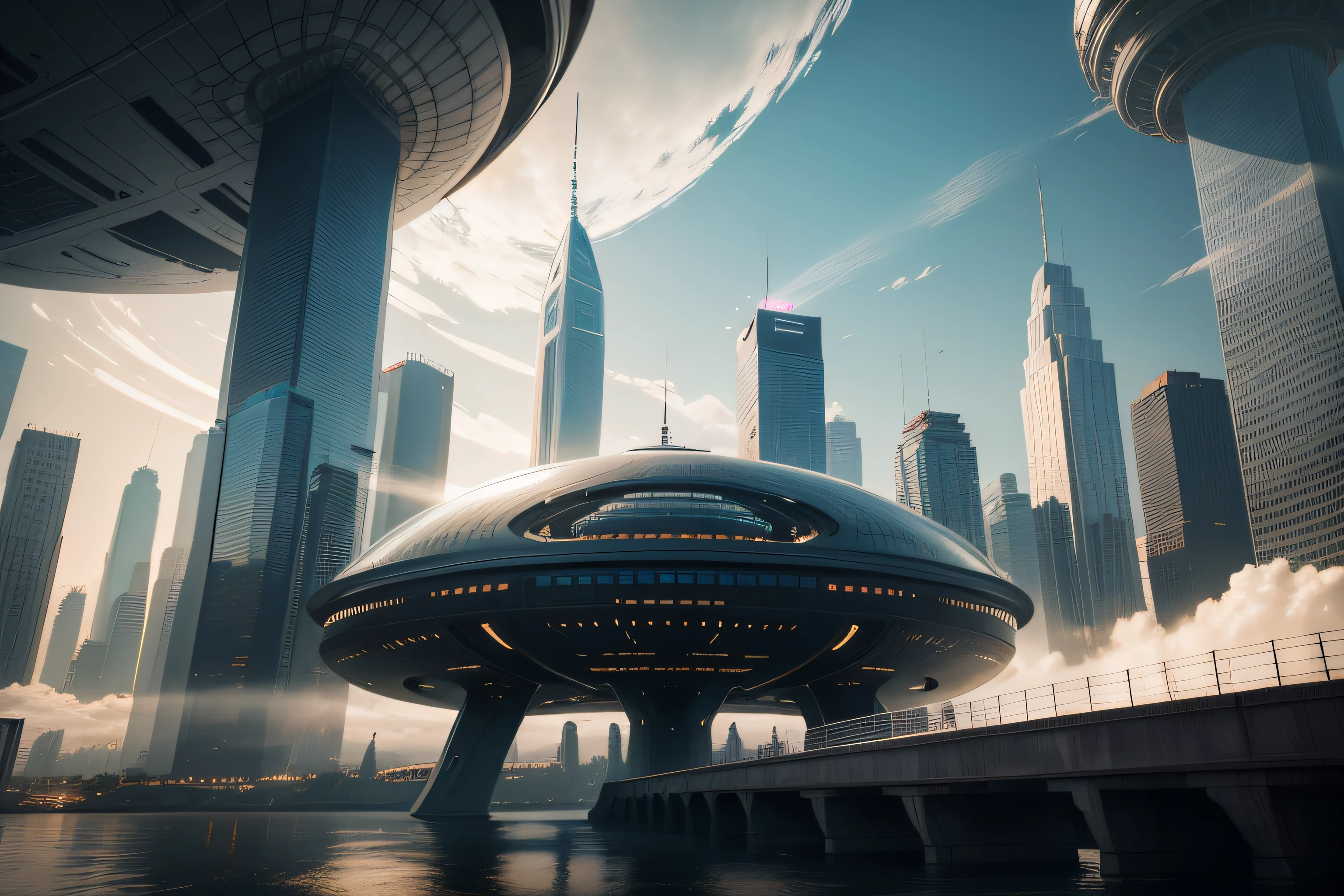 Punk futuristic style,The above Bund is the prototype,Spherical polar coordinates:1.5,High-resolution images of the city of the future,City skyline view with lake and park,Ultra-wide view of the cityscape,All buildings have a sense of technology,Full of technology,Sci-fi blockbuster déjà vu,Sky Divination Screen 1/3:1.3,Architecture combined with light,Ultra-high resolution(realness:1.4),hyper qualit,Extremely detailed CG unity 8k wallpaper,aesthetics,award winning photography,Reality,high detal,Detail Enhancement,