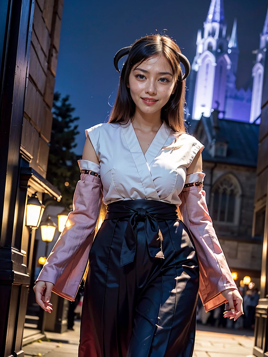 (1 lady), (Best quality at best:1.4), (ultra - detailed), (extremely detailed CG unified 16k), A Beautiful Woman with Perfect Figure: 1.4, Sharp Focus: 1.2, very detailed, High-definition RAW color photo, professional photoshooting, amazing face and eyes, cosmetics, (amazingly beautiful girl), ((Hanyuu)), ((japanese clothes, miko, detached sleeves, hakama, hakama skirt, skirt, red hakama, ribbon-trimmed sleeves)), standing, sexyposture，(Dark and stylish huge gothic cathedral from outside, city lights at night, city lights:1.3), realistic cinematic face, head to feet long wide zoomed out view, full body long view, photorealistic, ((realistic natural purple hair style, purple eyes, long hair, horns)), gorgeous, extremely beautiful face, perfect model beauty, pout mouth, Highly Detailed Face and Skin Texture, Detailed Eyes, Double Eyelids, Small Breasts, Smile, cleavages, western, (masterpiece), best quality, high resolution, extremely detailed, blurred background, depth of field, cinematic lighting, amazing legs, high heels, clear and well-cared skin,