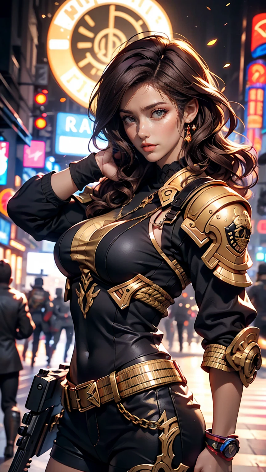 Gray hair, long fluttering hair, strong wind, orange eyes, shining eyes, steampunk girl, big, face, chest and thighs raw, cleavage visible. Photoreal, Portfolio, Fine LED, Golden Metal Mech Suit, Steampunk, Metallic, Fine Decoration, Beautiful Relief, Aggregate of Small Parts, Detailed Mech Parts, Bundle of Thin Tubes, Metal Cylinder, Detailed Neon, Fine LED, Fine Parts, Gears, Meters, Pressure Gauges, Steam