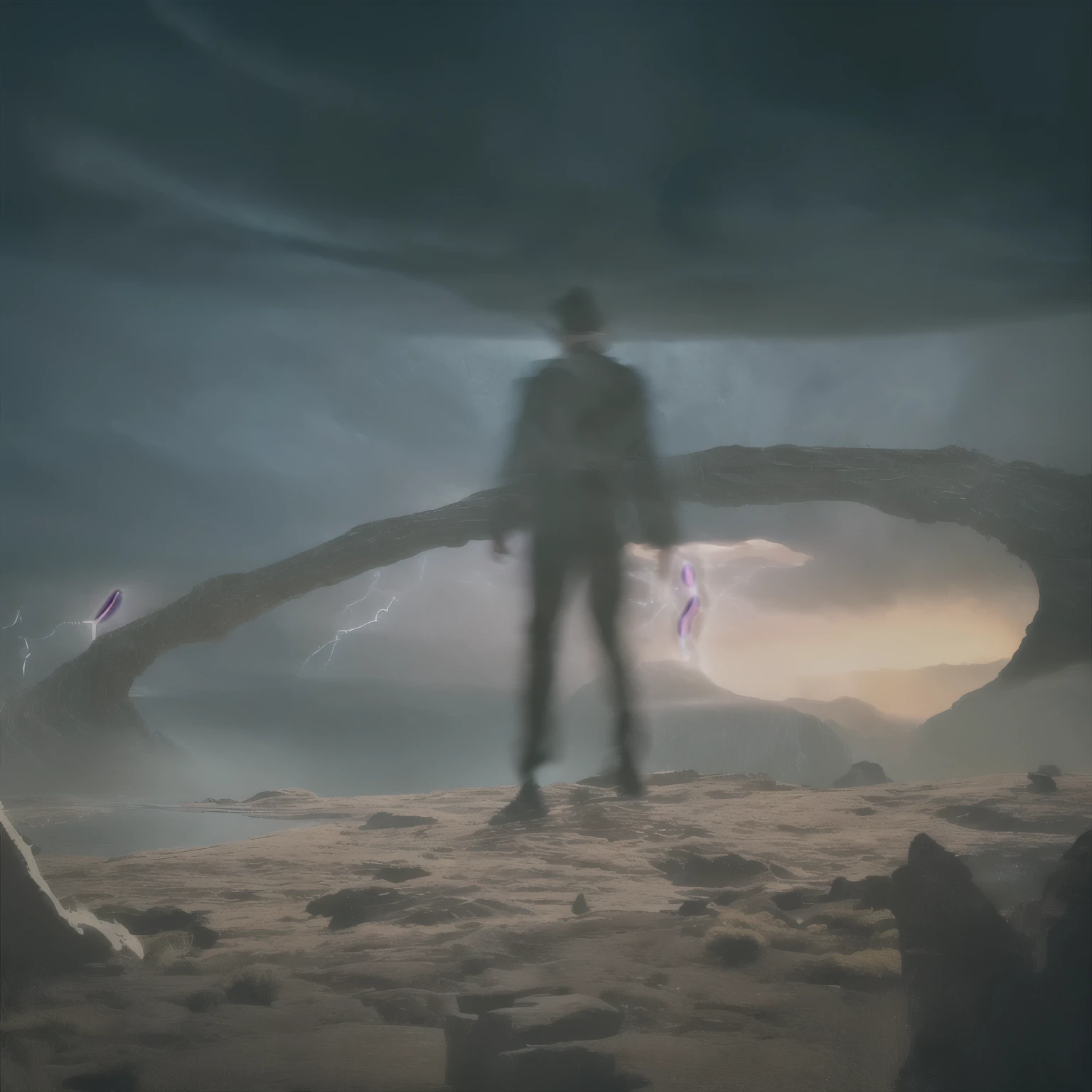 there is a man standing on a rock with a tree branch, matte painting of human mind, gateway to another dimension, standing in a maelstrom, dramatic sci-fi movie still, epic mysterious surrealism, surreal scene, portal to another dimension, spirits coming out of portal, quality astral projection render, surreal photo, open portal to another dimension, otherworldly visuals