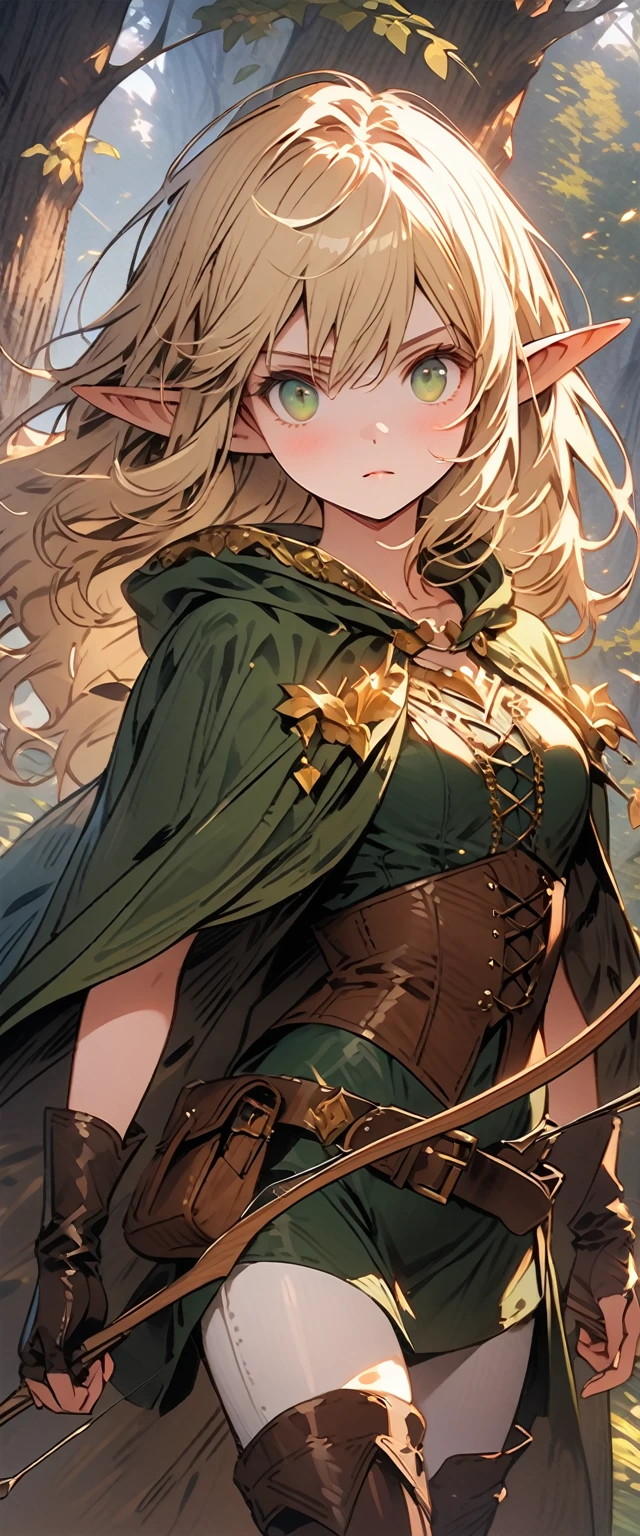 ((masterpiece)), ((best quality)), (detailed), ((high resolution)), ((Extremely detailed CG unified 8k wallpaper)), ((Fantasy)), ((Forest:1.3)), ((Elven woman cartoon character, Archer, Pointed elf ears, wavy blonde hair, green eyes, Bare Skin:1.2)), skin is wet and shiny, (Wearing a flowing minidress and leather armor with gold decorations, (cloak:1.1), corset, belts, Leather long pants, tight pants, leather gloves, knee_boots, Renaissance, Baroque), (very_wide_shot),
//,serious,expressionless, closed_mouth,//,outstretched arms, bow \(\weapon\), arrow \(\projectile\), holding a bow \( \Weapon\), (Holds Arrow, Draws Bow,)//, The girl is staring in the direction of the arrow,(side view),