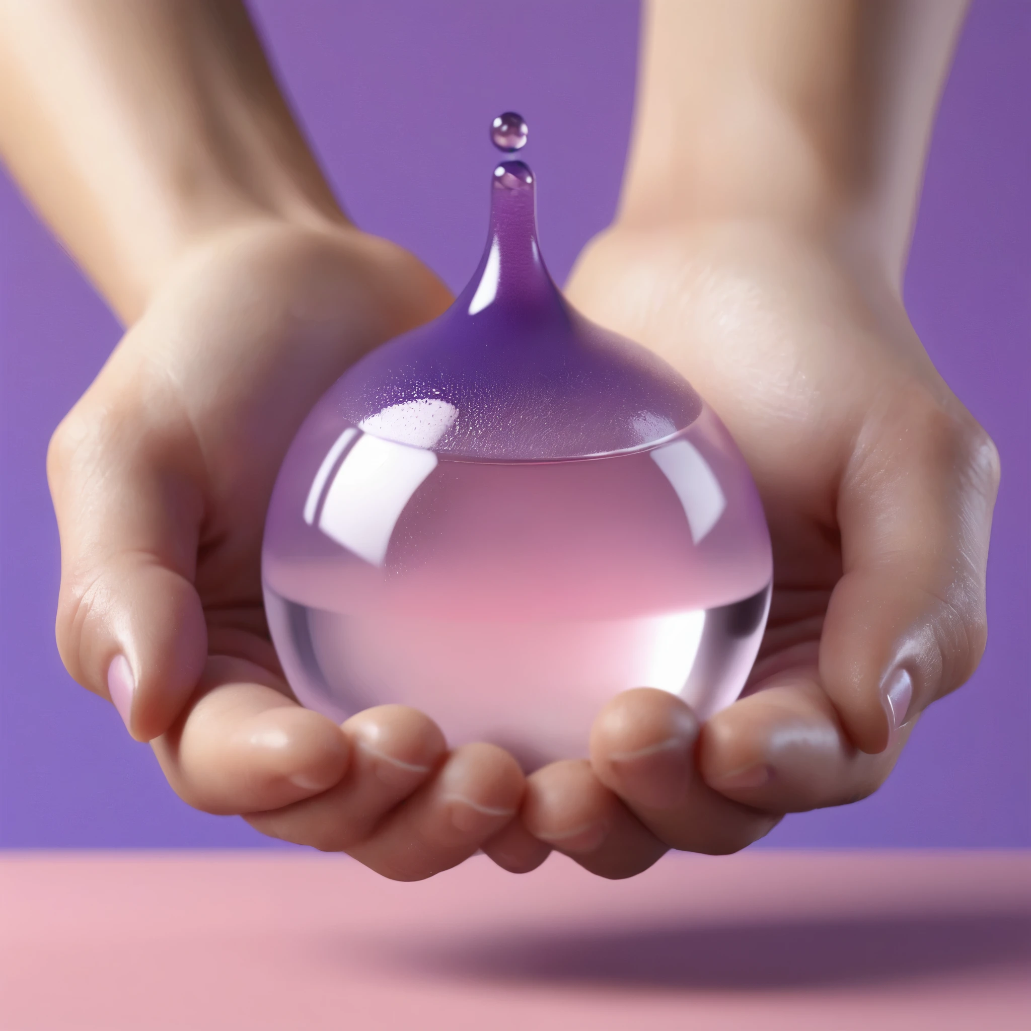 hand with few water drops on it, minimalistic, in a light purple and pink style, with soft edges and blurred details, in the toycore style, with a 3D render, on a colorful background, with a minimalist stage design, in a surreal style, with a cinema4D rendering, with a minimalist style, with low saturation, using gradient colors, with a cinema4D rendering, with a blender rendering, with super detail, at a super high resolution, at a super high definition.