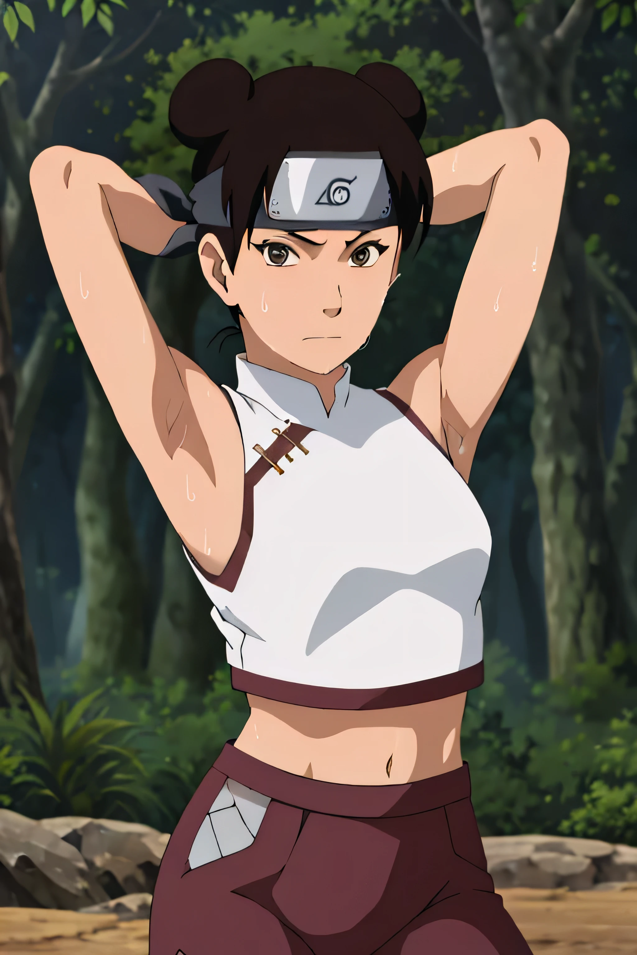 masterpiece, armpit focus,tenten\(shippuden\), 1girl, solo, yoga pants ,white crop top, medium breasts, ,forehead protector, konohagakure symbol, headband, looking at viewer, outdoors, bamboo forest, sleeveless, shaved armpits,sleeveless,arms behind head,armpit,armpits,sweaty,sweat,arms behind head,exhausted,sleeveless,cross eyed,sweaty armpits