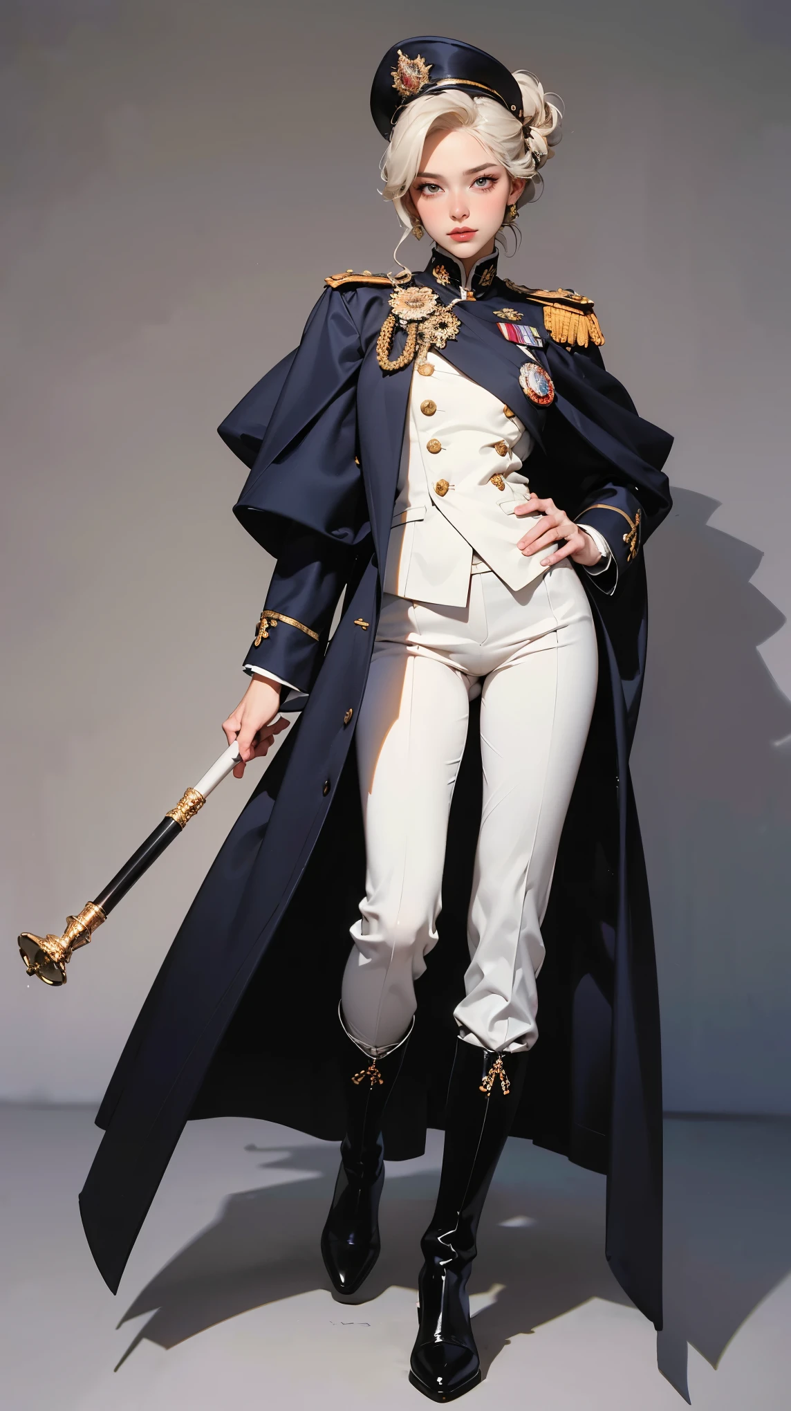 (Best quality, 4K, high resolution, masterpiece, ultra-detailed, realistic anatomy, photo-realistic:1.37), alluring young woman, princess, high-ranking military officer, (wearing Prussian style regal uniform), (dark purple double-breasted jacket adorned with medals), (matching breeches), (matching shoulder cape), Prussian field marshal cap, black stocking, long heel boots, platinum blonde hair, elegantly styled in a chignon bun, standing elegantly while holding the Field Marshal's baton, This full-body portrait captures her ethereal beauty presence and power, with sharp focus on her uniform's intricate details, her numerous medals, and her intense gaze, The image evokes an aura of experience, discipline, and supreme authority, set against an impressive military base backdrop,