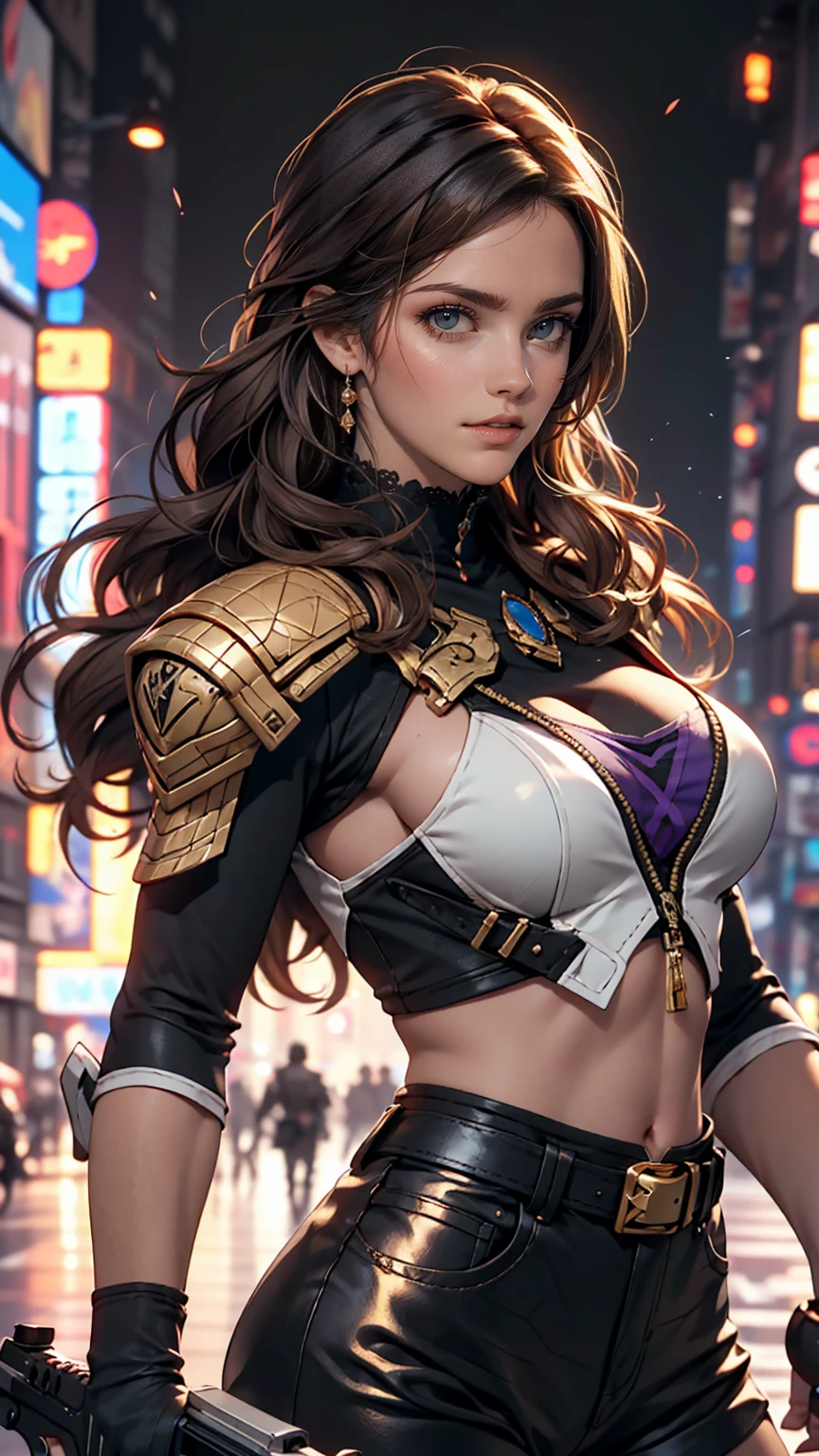 cute brown skin girl, Sexy Body, wavy purple hair [Shades of black], Golden Eyes (Shiny), Ultra-realistic eyes, With a pistol, Jumping, Sniper Equipment, Valorant Riot Games, Round face, Realistic lighting, Radio City, close.