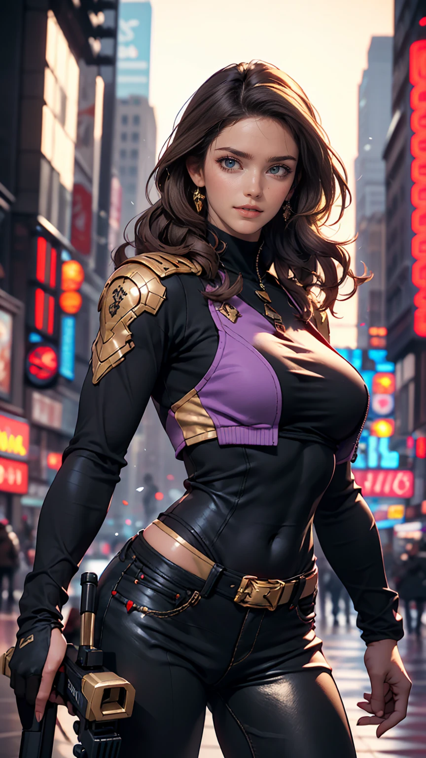 cute brown skin girl, Sexy Body, wavy purple hair [Shades of black], Golden Eyes (Shiny), Ultra-realistic eyes, With a pistol, Jumping, Sniper Equipment, Valorant Riot Games, Round face, Realistic lighting, Radio City, close.