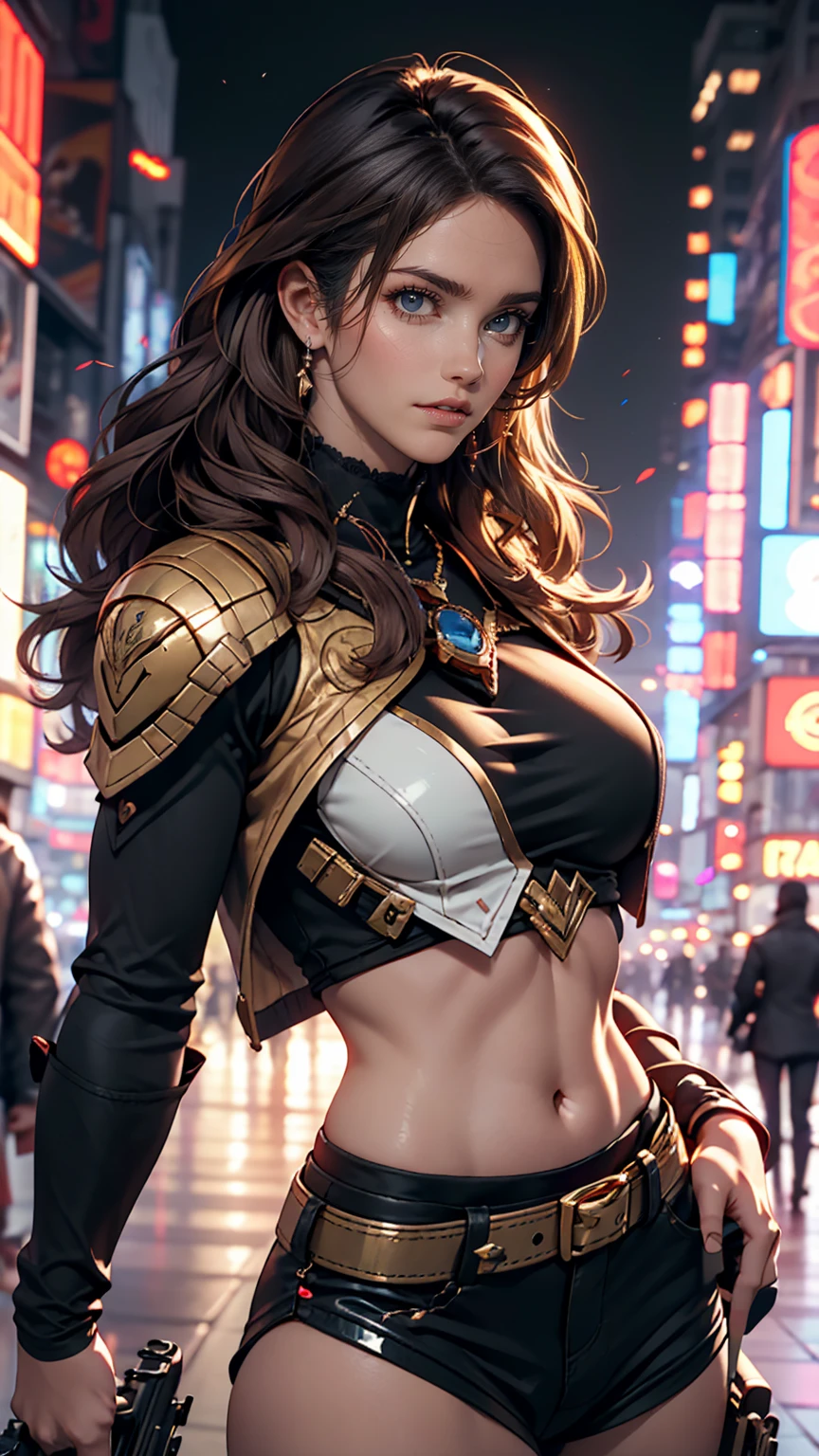 cute brown skin girl, Sexy Body, wavy purple hair [Shades of black], Golden Eyes (Shiny), Ultra-realistic eyes, With a pistol, Jumping, Sniper Equipment, Valorant Riot Games, Round face, Realistic lighting, Radio City, close.