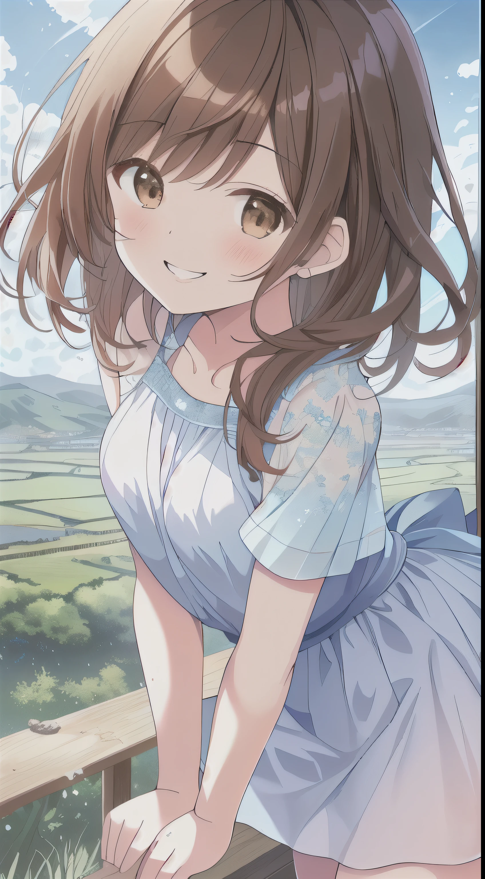 highest quality, masterpiece, Ultra-high resolution, 8k, Summer sky, early summer, (((Summer clothing)), Show anime style , One, Soft Line Art, Digital Enhancement, shojo anime touch, shojo manga core, Flowing fabric, close, (Short brown hair)), Wet Hair, Staring at us from the front, Soft Drawing, Beautiful brown hair, Clear brown eyes, Slightly chubby,Small breasts,(((Teasing Smile)) , Ultra-Definition Digital Anime Art, Clear facial depiction, Super detailed girl cartoon character art, Ultra-detailed manga style, highest qualityの色, Hands, Landscape with nature, Look up at the sky, Angle that allows you to see all the way to your feet