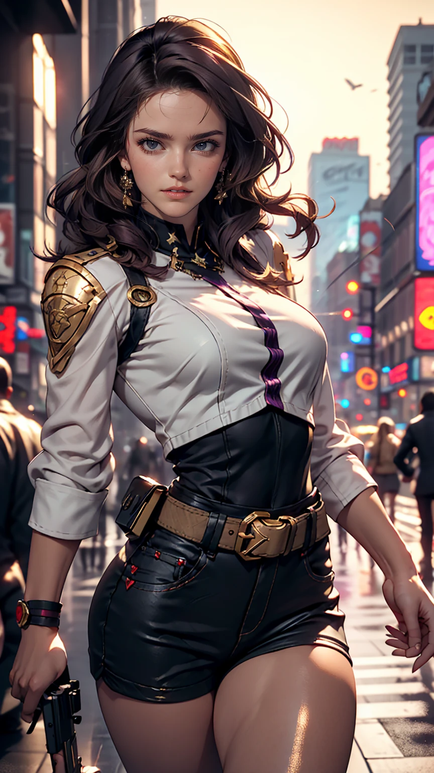 cute brown skin girl, Sexy Body, wavy purple hair [Shades of black], Golden Eyes (Shiny), Ultra-realistic eyes, With a pistol, Jumping, Sniper Equipment, Valorant Riot Games, Round face, Realistic lighting, Radio City, close.