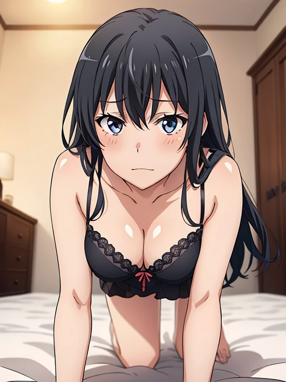 ((masutepiece, Best Quality, hight resolution, nffsw, Perfect Pixel, depth of fields, 4K, )), 1girl in, Solo, , Beautiful anime girl, Beautiful Art Style, 
on all fours:1.3, bed background,
Perfect body, smug face:1.4, front facing:1.4, full body:1.5,

yukinoshita yukino, long hair, black hair, large breasts, Full face blush, black lingerie,
straight on:1.3, medium shot