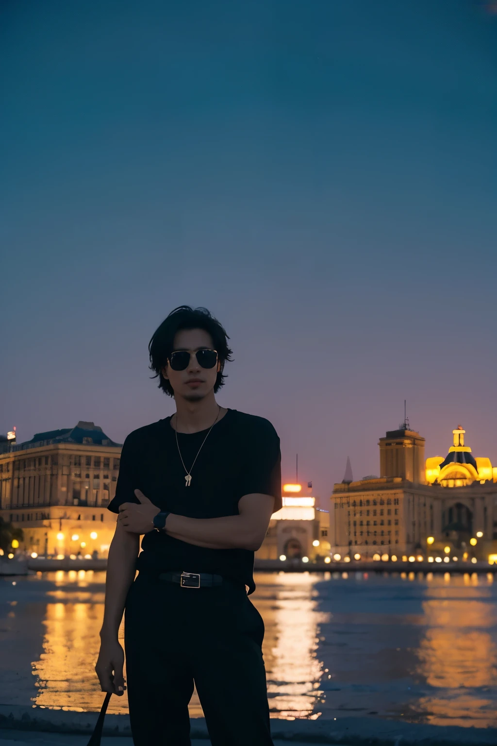 Kodak disposable camera photo of a 24 years old guy, sunny day, neon lights on the street in Bucharest, NIGHT VIEW IN BUCHAREST, EVENING IN BUCHAREST, there is a man standing on the street with a group of people in the background, in front of a nice hotel background, in Bucharest, with buildings in the background, with BLACK BEARD, NOT STYLISH HAIR, VERY SHORT BLACK HAIR, BACKBRUSH HAIR, DEEP BLACK SUNGLASSES, in lake, with mountains in background, during sunset, without helmet, at beach at sunset, ocean in the background, at a tropical beach, standing near the beach, ultra-high-resolution, (Fotorealistisch:1.4), RAW Photo, 1filles,
