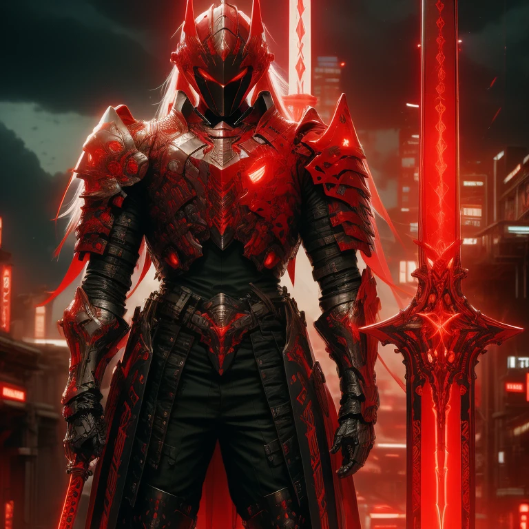 (masterpiece, best quality:1.2), a subject, A warrior in armour techno fantasy style, holy sword,(technological aggressive design), cyberpunk, 4K, UHD, (Photorealistic:1.4),Ultra high resolution, masterpiece, ultra realistic, ultra nitide, insane details, red and black color, fire themed, face ooen discovery, red technofantasy decoured katana