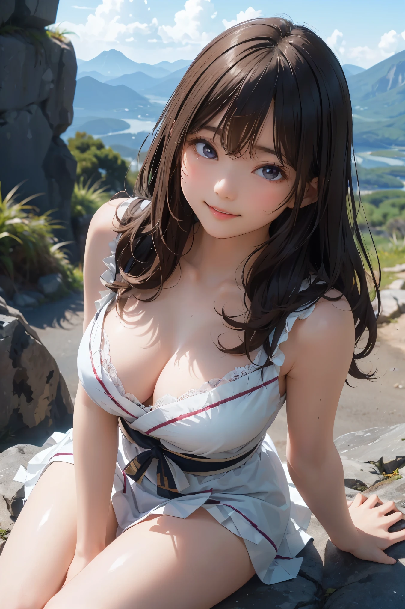 masterpiece,8k, (highest quality), (Best Shadow), Dynamic Lighting, ((Quiet Mountains々)),((cumulonimbus)),(Sitting on a rock),(Maximum resolution: 1.2), (smile),Backlight,Highly detailed face and skin texture, Delicate eyes, Dark blue eyes, double eyelid, Natural Cheeks, White skin: 1.2, (Glossy Lips: 1.4),(pretty girl:1.3),(18 years old), (Wavy long hair), (Light brown hair:1.2),orgasm,(huga breasts),(((Amaterasu Omikami))),Brightly colored lace skirt,panties shot,cameltoe,thigh