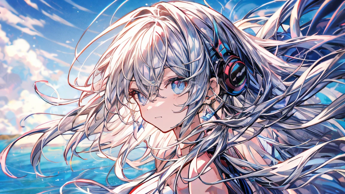pretty girl, Silver Hair, Wide range, Messy Hair, Shiny Hair, listen to music, a sunny day, Auricular