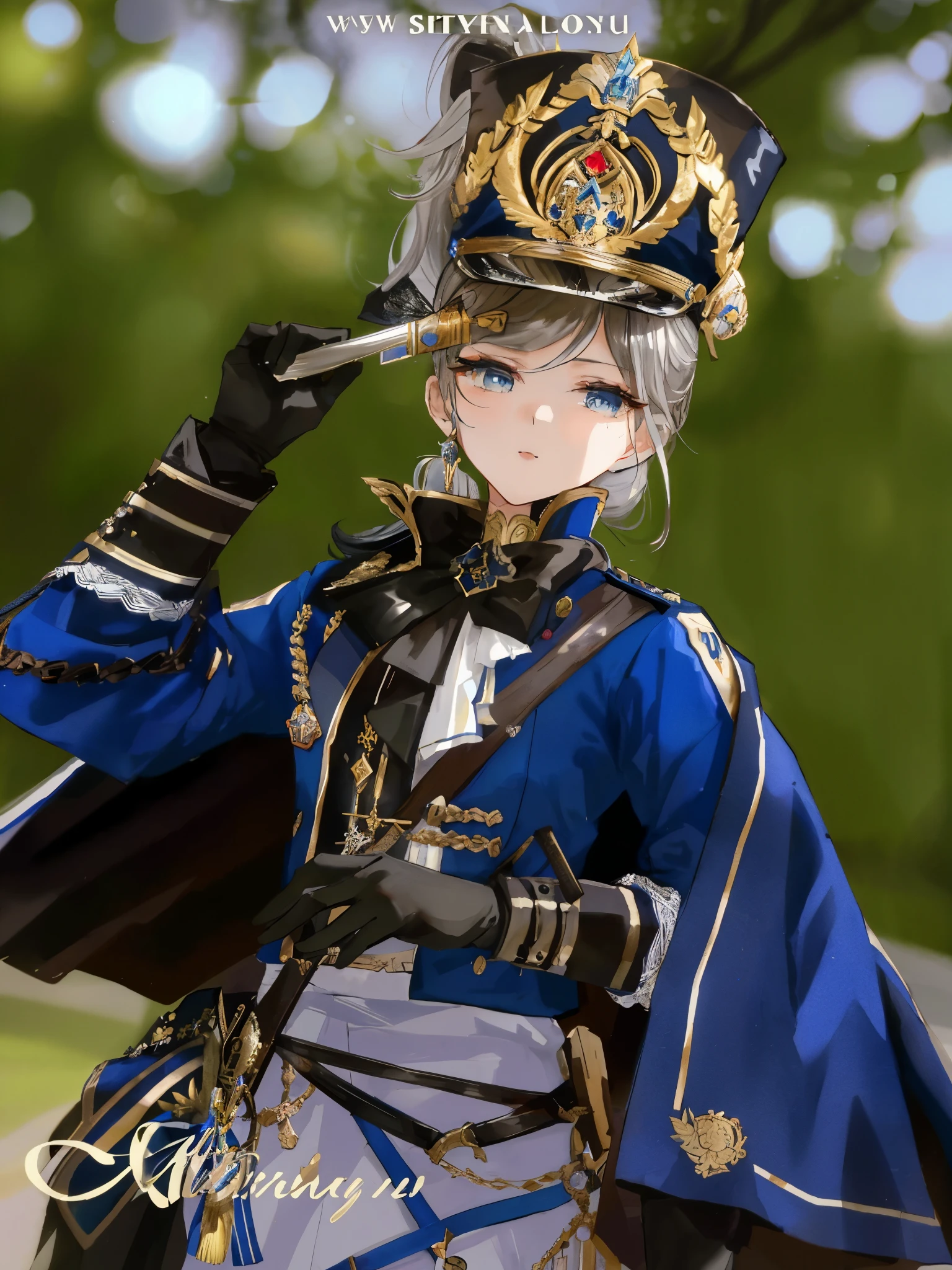 (ponytail forehead hair pulled back:1.3), a close up of a doll dressed in a uniform and hat, beautiful androgynous prince, delicate androgynous prince, xix century military outfit, imperial royal elegant clothing, detailed image, masamune shiro, very detailed and rich clothing, royal elegant pose, dollfie dream, inspired by Li Chevalier, aristocratic appearance, from lineage 2