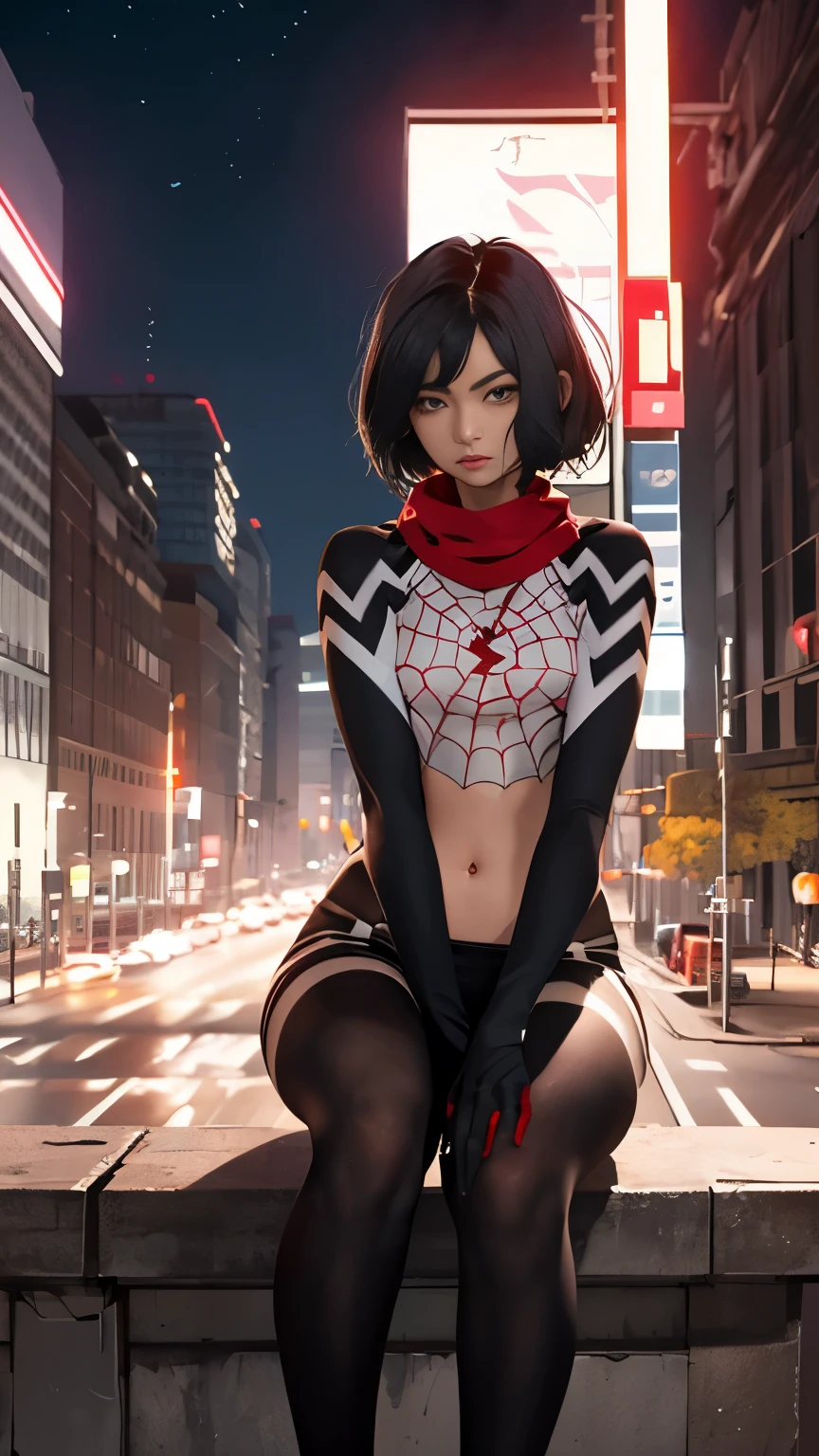 (Highly quality, masterpiece, detailed), Night city detailed scenario, night city detailed background, 20 years old girl, black hair, 1girl, CindyMoon, cindymoon, close-up, upper body, short hair, Black top, white top, black botton, white bottom, long bottom, spider web print, Crop top, Red scarf, Long Sleeves, Gloves, red finger gloves, Abdomen, Expressionless, sitting on top of a building, Navel, beautiful eyes, perfect eyes, looking at the viewer, Sexy pose