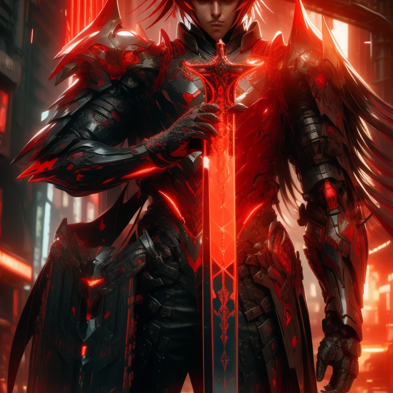 (masterpiece, best quality:1.2), a subject, A warrior in armour techno fantasy style, holy sword,(technological aggressive design), cyberpunk, 4K, UHD, (Photorealistic:1.4),Ultra high resolution, masterpiece, ultra realistic, ultra nitide, insane details, red and black color, (fire themed), ((face open discovery)), handling a red technofantasy decoured katana