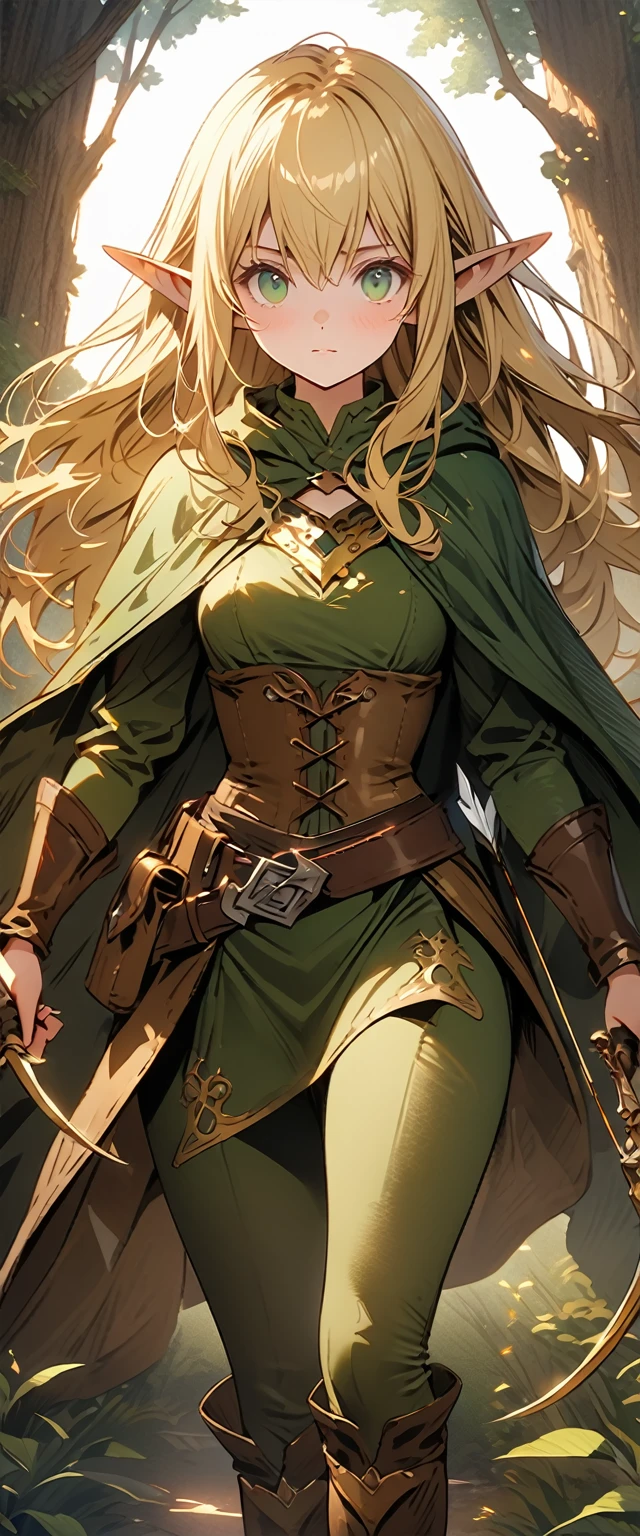 ((masterpiece)), ((best quality)), (detailed), ((high resolution)), ((Extremely detailed CG unified 8k wallpaper)), ((Fantasy)), ((Forest:1.3)), ((Elven woman cartoon character, Archer, Pointed elf ears, wavy blonde hair, green eyes, Bare Skin:1.2)), skin is wet and shiny, (Wearing a flowing minidress and leather armor with gold decorations, (cloak:1.1), corset, belts, Leather long pants, tight pants, leather gloves, knee_boots, Renaissance, Baroque), (very_wide_shot),
//,serious,expressionless, closed_mouth,//,outstretched arms, bow \(\weapon\), arrow \(\projectile\), holding a bow \( \Weapon\), (Holds Arrow, Draws Bow,)//, The girl is staring in the direction of the arrow,