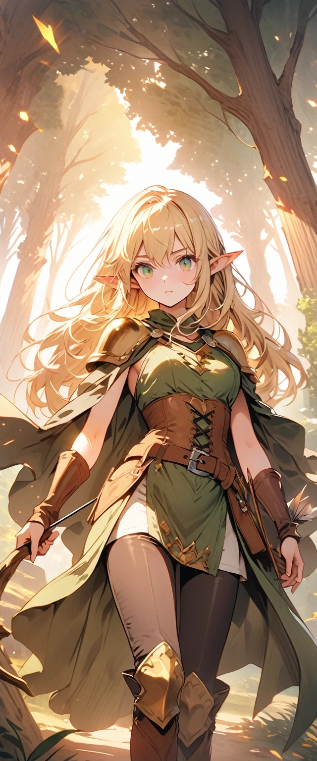 ((masterpiece)), ((best quality)), (detailed), ((high resolution)), ((Extremely detailed CG unified 8k wallpaper)), ((Fantasy)), ((Forest:1.3)), ((Elven woman cartoon character, Archer, Pointed elf ears, wavy blonde hair, green eyes, Bare Skin:1.2)), skin is wet and shiny, (Wearing a flowing minidress and leather armor with gold decorations, (cloak:1.1), corset, belts, Leather long pants, tight pants, leather gloves, knee_boots, Renaissance, Baroque), (very_wide_shot),
//,serious,expressionless, closed_mouth,//,outstretched arms, bow \(\weapon\), arrow \(\projectile\), holding a bow \( \Weapon\), (Holds Arrow, Draws Bow,)//, The girl is staring in the direction of the arrow,