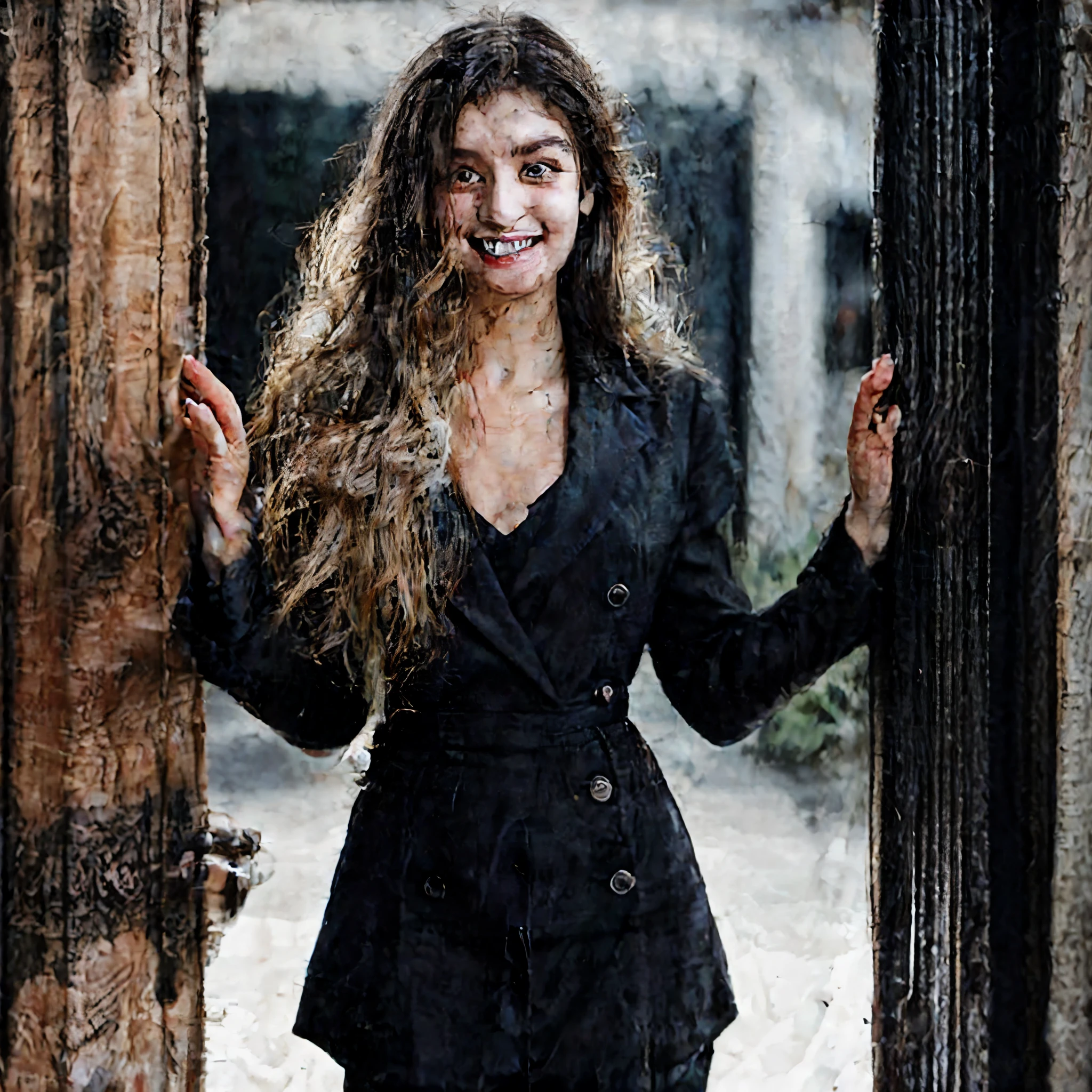 cinematic professional photography, masterpiece, full body, a beautiful Japanese woman model with natural makeup, white long wavy flowing hair, ideal body, a slight mysterious smile, wearing a black intelligence suit with long trousers, posing attractively, at the backdoor of a luxury house, with dramatic lighting, bright colors, depth of field, resembling Sony 7000D, high definition
